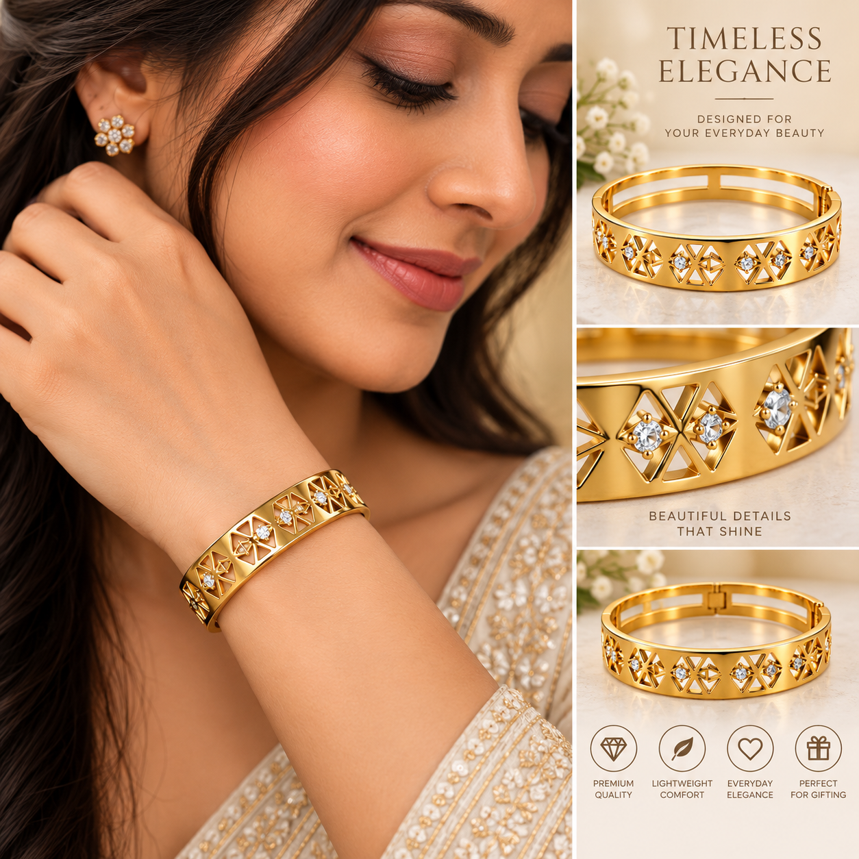 Golden Geometric Crystal Cutwork Bangle